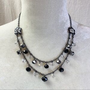 Gunmetal black white hibiscus flower double chain glass bead necklace